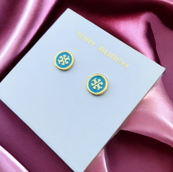 Tory Burch Tiffany Blue Lacquered Logo Studs - Picture 1 of 6